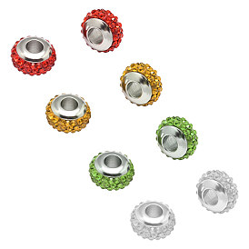 Unicraftale Rondelle 304 Stainless Steel Polymer Clay Rhinestone European Beads, with Double Side Platinum Color Core, Stainless Steel Color