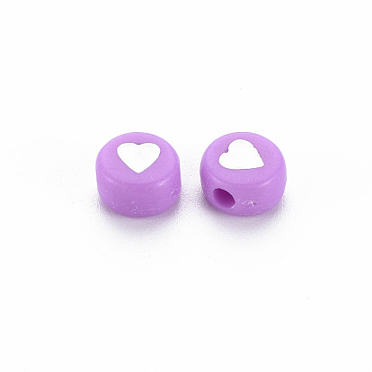 Opaque Acrylic Beads, Flat Round with Heart