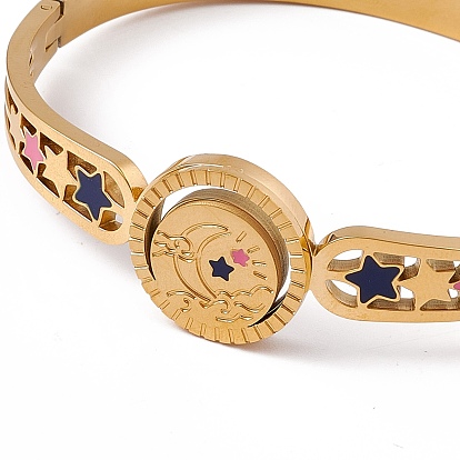 Colorful Enamel Moon & Star Hinged Bangle, Ion Plating(IP) 304 Stainless Steel Jewelry for Women