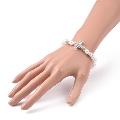 Alloy Rhinestone Religion Cross Bracelets, ABS Plastic Imitation Pearl & Brass Clear Rhinestone Beaded Stretch Bracelets for Women
