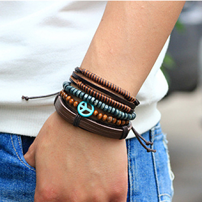Bracelets multi-brins, bracelets empilables, de simili cuir, cordon en coton ciré, perle en bois et corde de chanvre, signe de paix