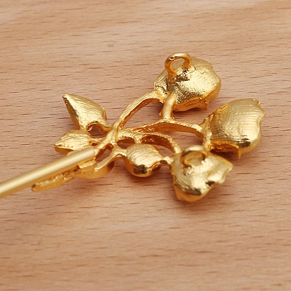 Iron Hair Stick Findings, with Alloy Cabochons Setting, Rose Flower