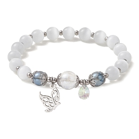 Cat Eye Beaded Stretch Bracelet with 201 Stainless Steel Butterfly Charms