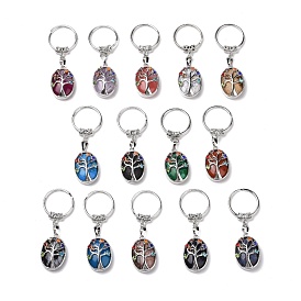 Porte-clés en pierres précieuses naturelles et synthétiques et perceuse en verre coloré, avec les accessoires en laiton et en fer, sans cadmium et sans plomb, ovale avec arbre, platine