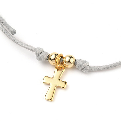 Adjustable Waxed Polyester Braided Cord Charm Bracelets, with Brass Beads and 304 Stainless Steel Charms, Cross, Golden