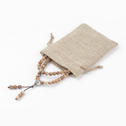 Productos de doble uso, cuatro loops naturales jaspe wrap pulseras budistas o collares de cuentas, con bolsas de arpillera, plata antigua