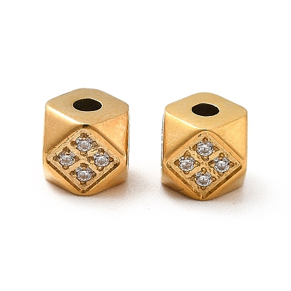 Ion Plating(IP) 304 Stainless Steel Micro Pave Clear Cubic Zirconia Beads, Faceted, Cornerless Cube Beads,  Real 14K Gold Plated