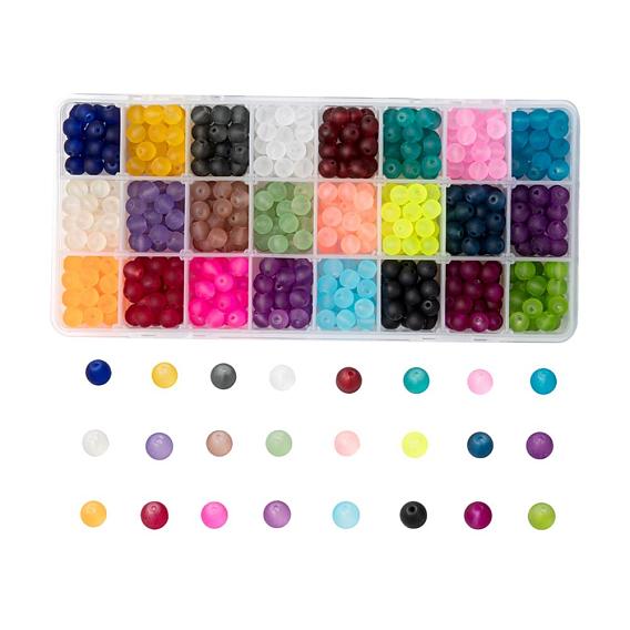 24 couleurs perles de verre transparentes, pour la fabrication de bijoux en perles, givré, ronde
