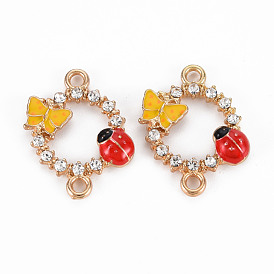 Alloy Links Connectors, with Enamel and Crystal Rhinestone, Light Gold, Ring with Ladybird & Butterfly, Gold & Red