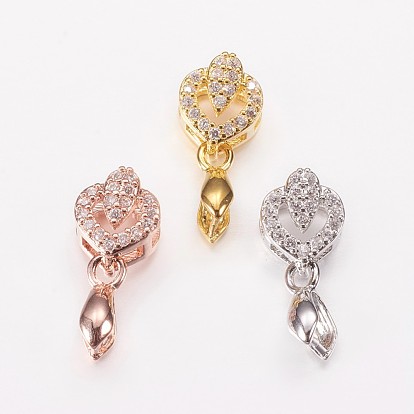 Long-Lasting Plated Brass Micro Pave Cubic Zirconia Ice Pick Pinch Bails, Heart with Leaf