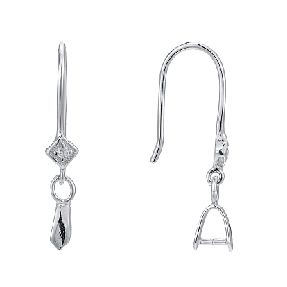925 Sterling Silver Earring Hooks, with Cubic Zirconia, Rhombus