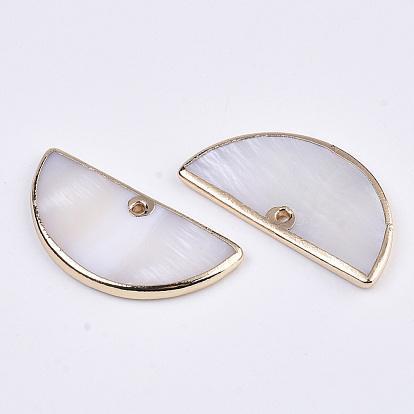 Natural Freshwater Shell Pendants, with Edge Brass Golden Plated, Semi Circle/Half Round