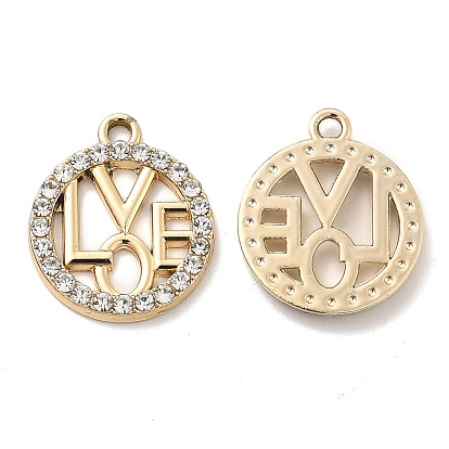 UV Plating Alloy Pendants, with Crystal Rhinestone, Flat Round with Word Love Charms