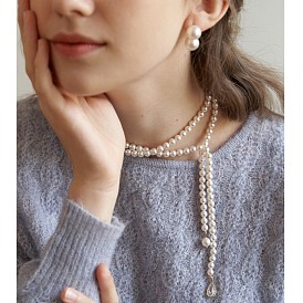 French Delicate Sweet Gentle Style Imitation Pearl Zircon Pendant Y Necklace