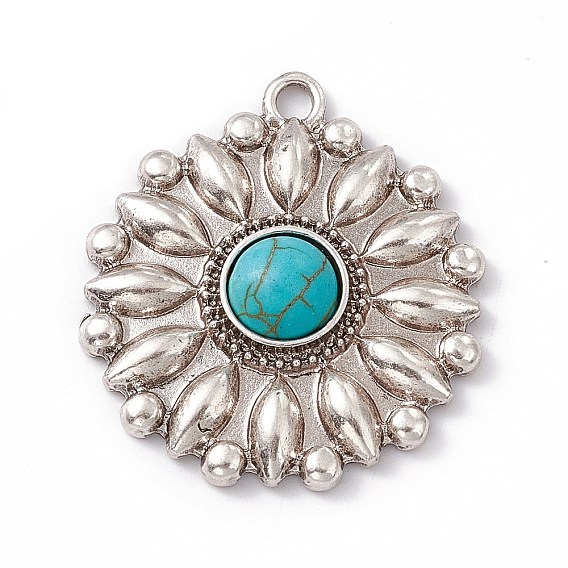 Synthetic Turquoise Half Round Pendants, Flower Charms, with Rack Plating Alloy Findings