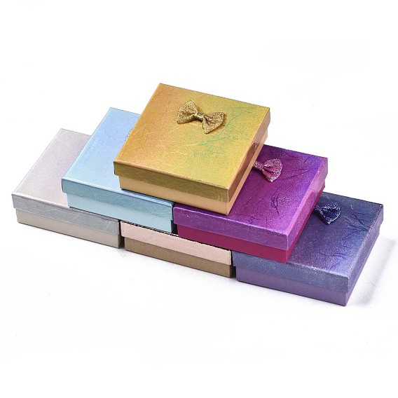 Cardboard Jewelry Boxes, for Necklaces, Ring, Earring, with Bowknot Ribbon Outside and Black Sponge Inside, Square