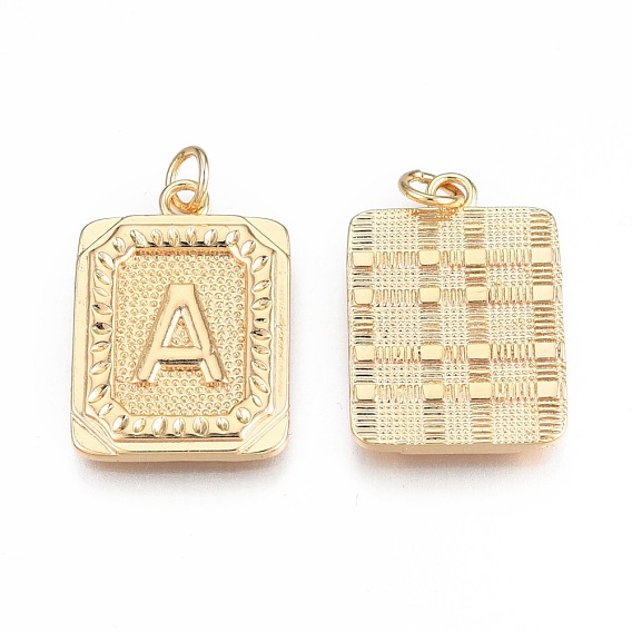 Brass Pendants, with Jump Rings, Cadmium Free & Nickel Free & Lead Free, Rectangle with Letter, Real 18K Gold Plated