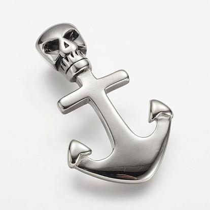 304 Stainless Steel Leather Cord Clasp Rhinestone Settings, Anchor with Skull