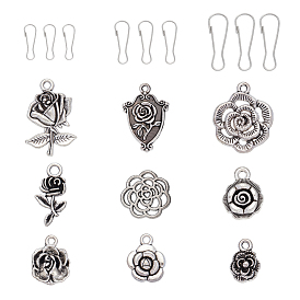 DIY Zipper Puller Kit, with Iron Keychain Clasps Finding, Tibetan Style Alloy Pendants and Filigree Joiners Links, Rose Flower