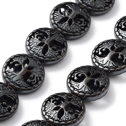Synthetic Non-Magnetic Hematite Hollow Beads Strands, Flat Round with Tree of Life