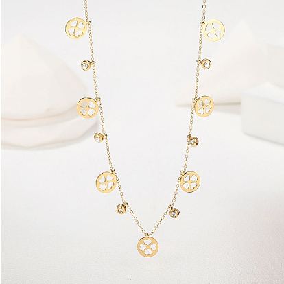 Stainless Steel Clover Bib Necklace, with Cubic Zirconia