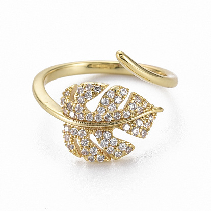 Brass Micro Pave Clear Cubic Zirconia Cuff Rings, Open Rings, Nickel Free, Leaf