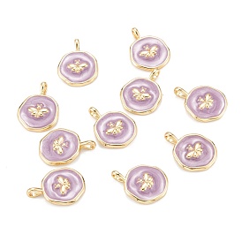 Brass Enamel Pendants, Long-Lasting Plated, Flat Round with Bee, Lilac