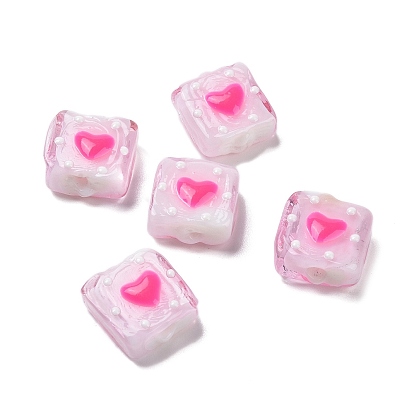 Valentine's Day Handmade Lampwork Enamel Beads Strands, Square with Heart
