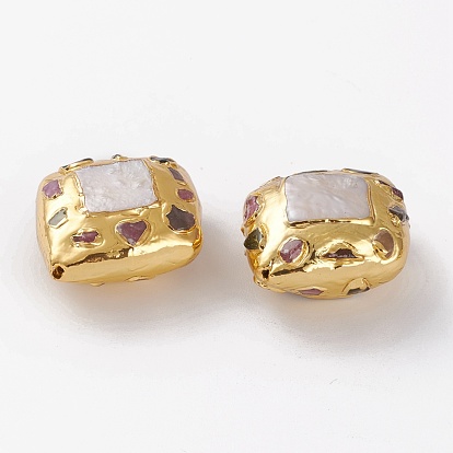 Perles de perles naturelles avec tourmaline, et trouvailles en laiton doré, losange