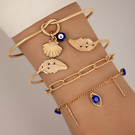 Retro Leaf Knot Bracelet Eye Seashell Charm Bracelet Women's Handmade Set of 4