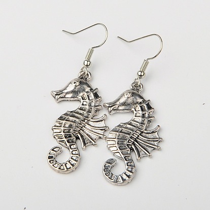 Tibetan Style Alloy Seahorse Earrings, with Brass Earring Hooks, Platinum and Antique Silver, 54mm, Pin: 0.6mm, Seahorse: 38x18x3mm