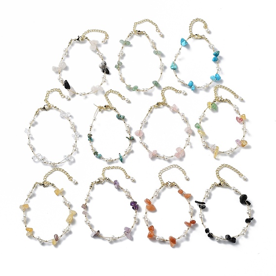 Bracelets de pierres précieuses mélangées naturelles et synthétiques, avec 304 fermoir en acier inoxydable et perle d'imitation en plastique pour femme