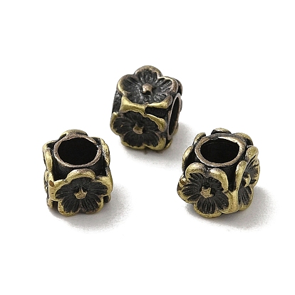 Tibetan Style Rack Plating Brass Beads, Long-Lasting Plated, Cube with Flower