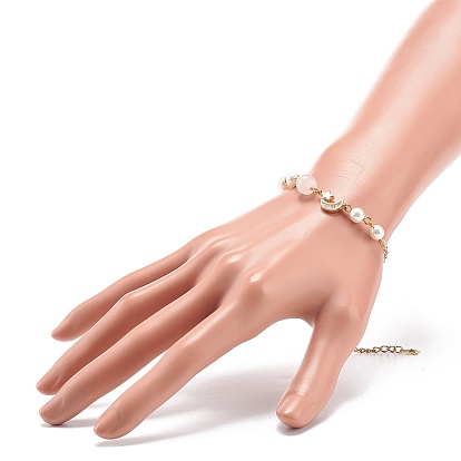 Bracelet à maillons étoile et lune en zircone cubique transparente avec chaînes en laiton, bracelet en perles de quartz rose naturel et coquillage pour femme