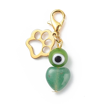 Natural Gemstone Heart Pendant Decorations, Round Evil Eye Lobster Clasp Charms, Cat Paw Print Charms, for Keychain, Purse, Backpack Ornament