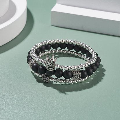 3шт 3 стильные круглые эластичные браслеты из синтетического черного камня и гематита с бусинами, браслеты из драгоценных камней с шестигранной короной для женщин