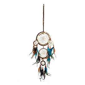 Indian Style ABS Woven Web/Net with Feather Pendant Decorations, with Wood and Plastic Beads, Covered with Villus and Nylon Cord, Flat Round