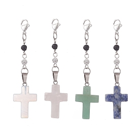 Cross Mixed Gemstone Pandant Decorations, with Polymer Clay Rhinestone Beads and 304 Stainless Steel Lobster Claw Clasps