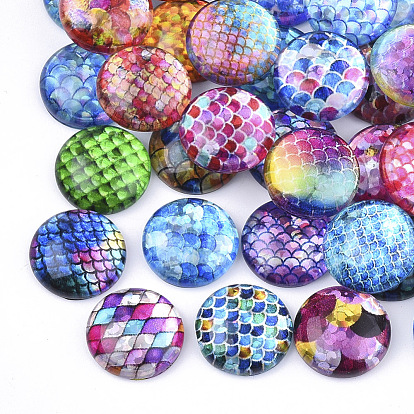 Flatback Glass Cabochons for DIY Projects, Dome/Half Round with Fish Scale Pattern