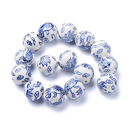 Brins de perles de porcelaine bleu et blanc à la main, poisson koi, ronde