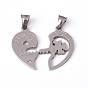 304 Stainless Steel Pendants, Couple Pendants, Split Heart, with Rhinestones, Word I Love You, For Valentine's Day, 31x31x2.5mm, Hole: 5x8mm