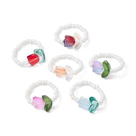 Tulip Flower Glass Seed Beaded Stretch Rings for Women