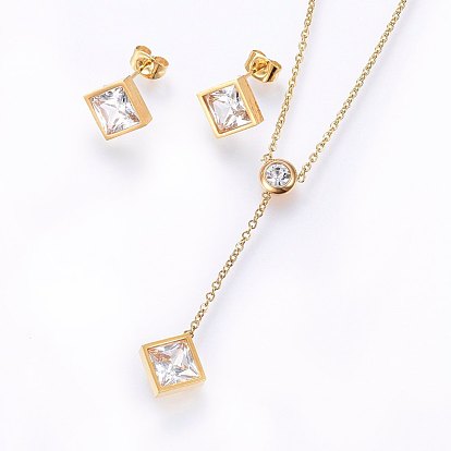 304 Stainless Steel Jewelry Sets, Stud Earrings and Pendant Necklaces, with Rhinestone and Cubic Zirconia, Rhombus