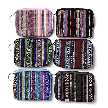 Bohemian Style Stripe Pattern Cotton Cloth Wallets, Change Purse, with Zipper & Iron Key Ring