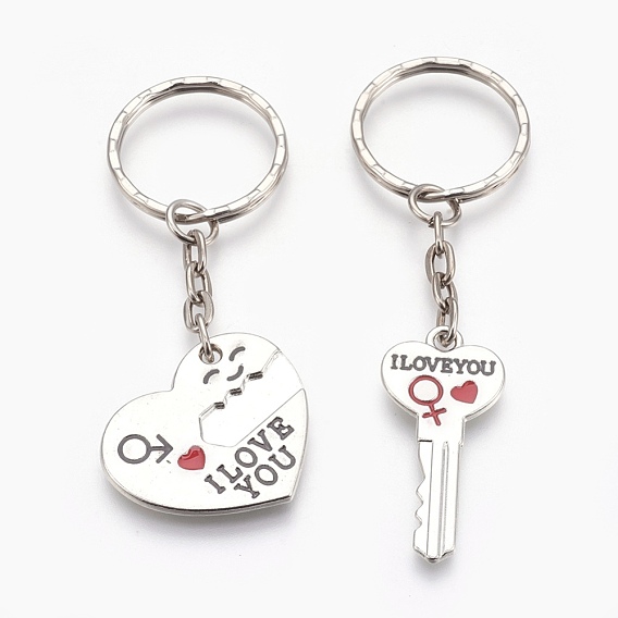 Alloy Enamel Split Pendant Keychain, with Rhinestone and Iron Key Rings, Heart with Key