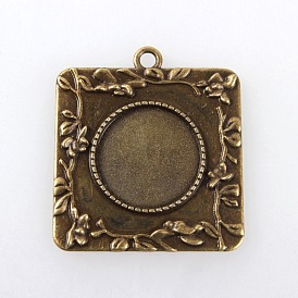 Vintage Tibetan Style Alloy Square Carved Branch Pendant Cabochon Bezel Settings, Cadmium Free & Nickel Free & Lead Free, Flat Round Tray: 20mm, 40.5x36x2mm, Hole: 3mm, about 125pcs/kg