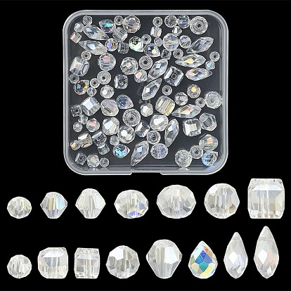 100 pcs 15 style perles à facettes en verre galvanoplastie transparent, bicône & rond & cube & larme & rondelle