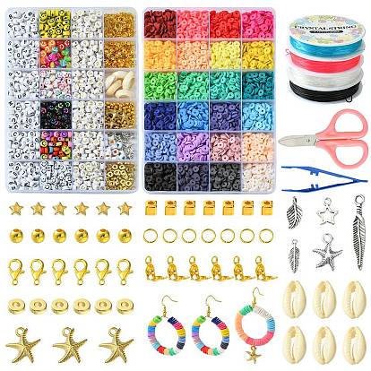 DIY Bracelet Making Kit, Including Smiling Face & Letter Acrylic & Polymer Clay Disc & Plastic & Natural Shell Beads, Brass Hoop Earring Findings, Leaf & Starfish Alloy & Plastic Pendants, Scissors