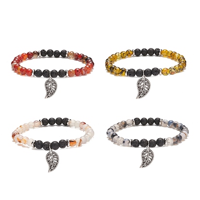 Natural Dragon Veins Agate & Lava Rock Stretch Bracelet with Alloy Leaf Charm, Gemstone Jewelry for Women