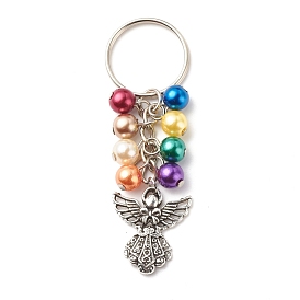 Acrylic Beads & Angel Alloy Pendant Keychain, with Iron Findings, Antique Silver